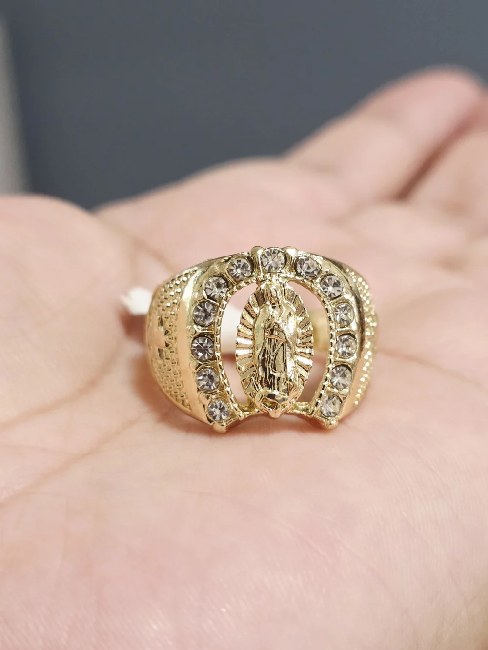 Gold-Tone Virgin Mary Ring with Clear Crystal Accents